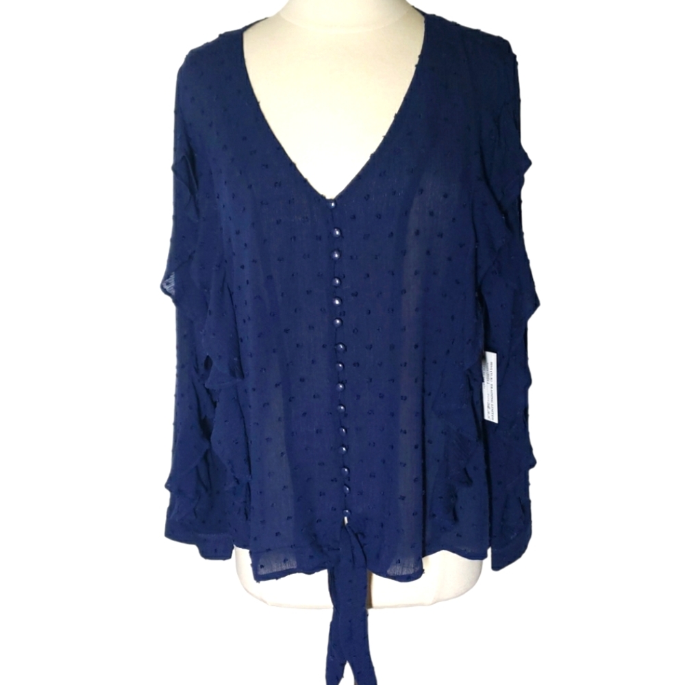 NWT Entro Swiss Dot Button Front V-neck Long Sleeve Tie Waist Blue Top Size L